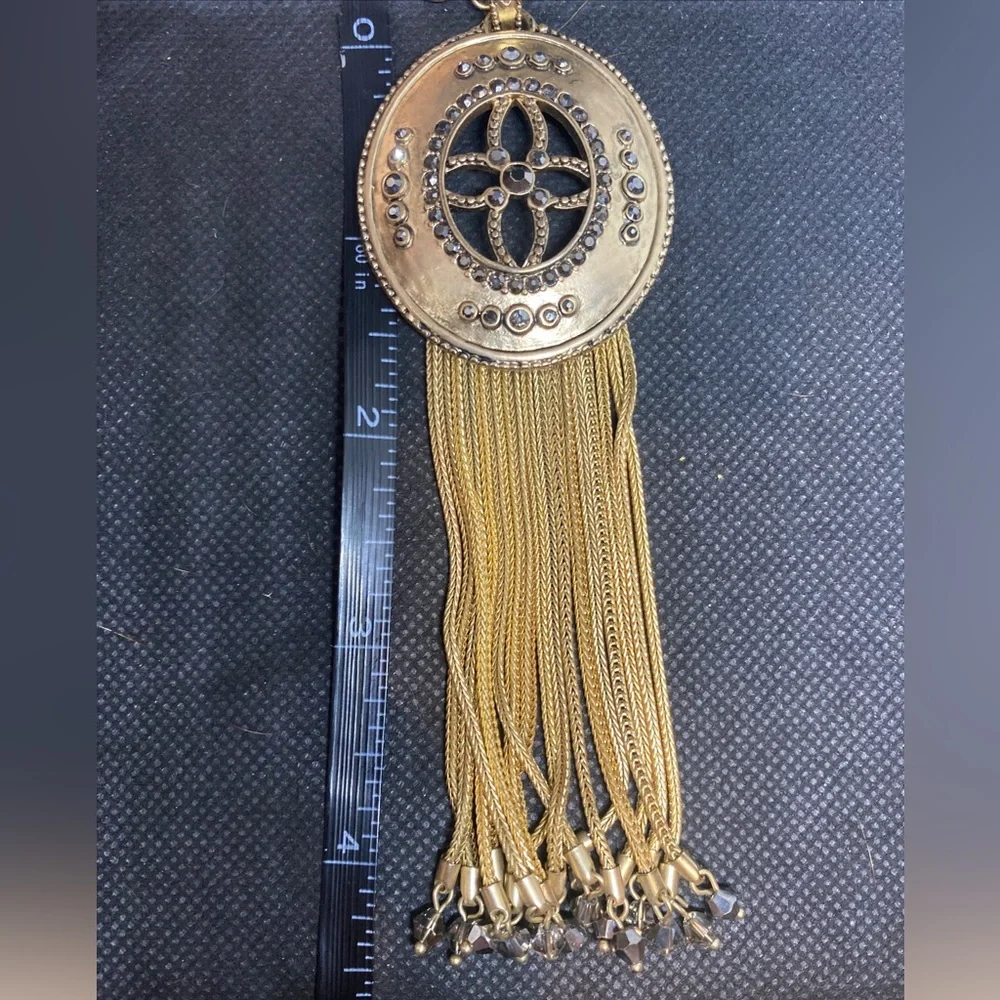 Chico's Gold Tone oval pendant Rhinestone long fringe necklace_2